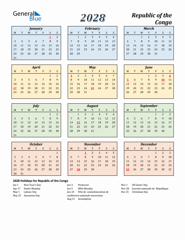 Republic of the Congo Calendar 2028 with Monday Start