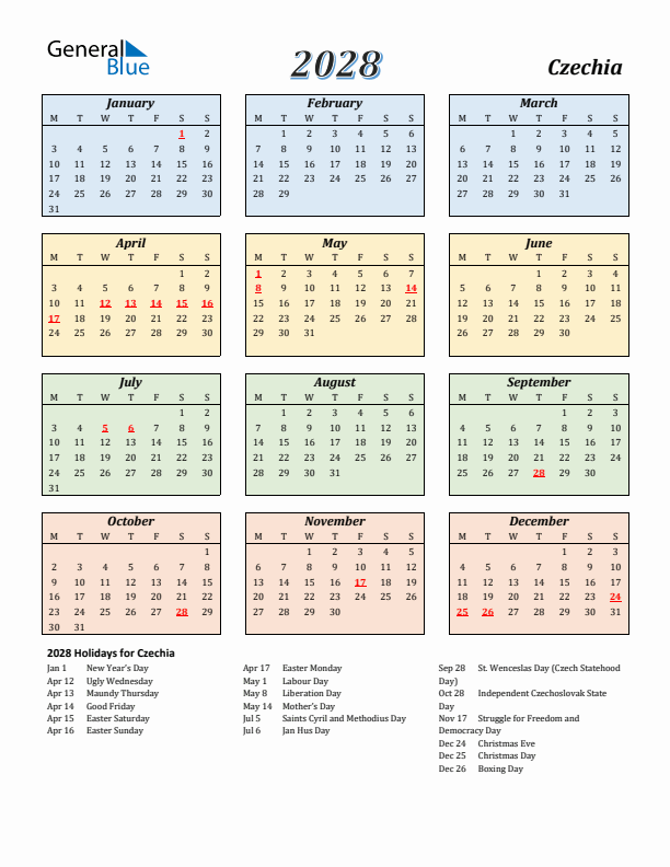 Czechia Calendar 2028 with Monday Start