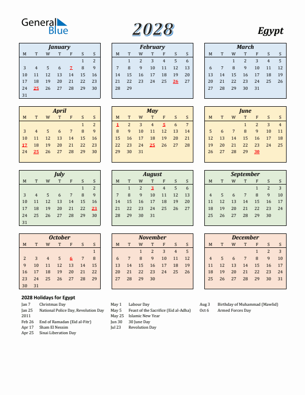 Egypt Calendar 2028 with Monday Start