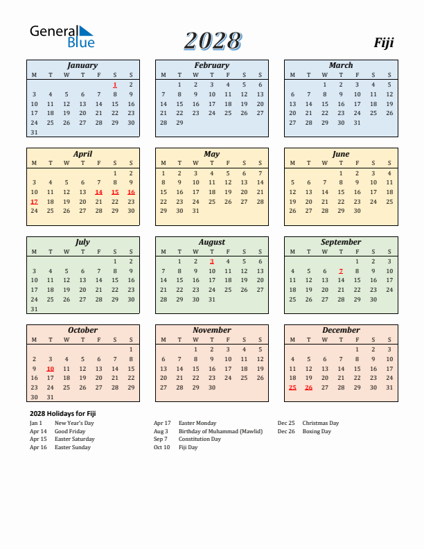 Fiji Calendar 2028 with Monday Start