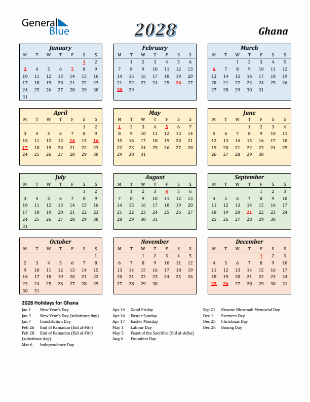 Ghana Calendar 2028 with Monday Start