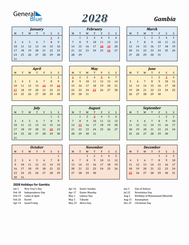 Gambia Calendar 2028 with Monday Start