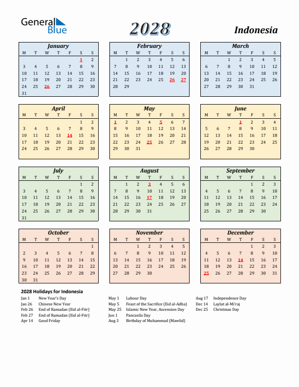 Indonesia Calendar 2028 with Monday Start