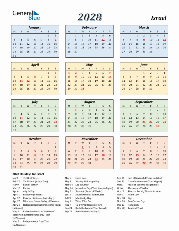 Israel Calendar 2028 with Monday Start
