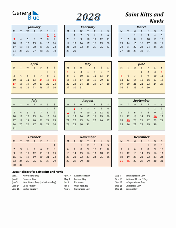 Saint Kitts and Nevis Calendar 2028 with Monday Start