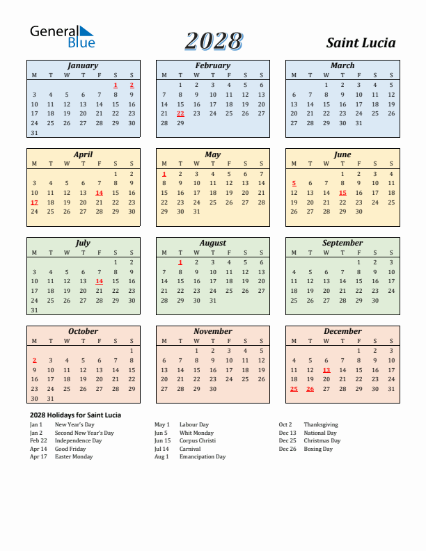 Saint Lucia Calendar 2028 with Monday Start