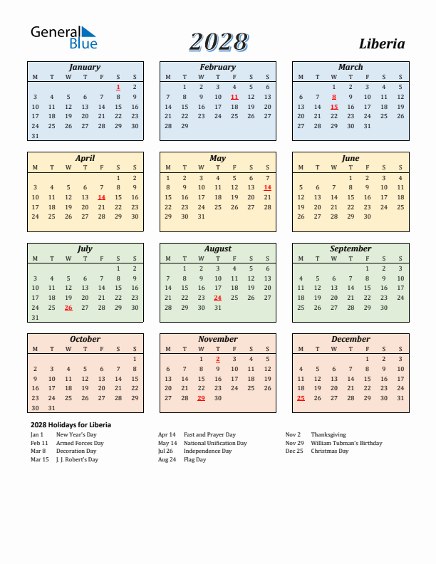 Liberia Calendar 2028 with Monday Start
