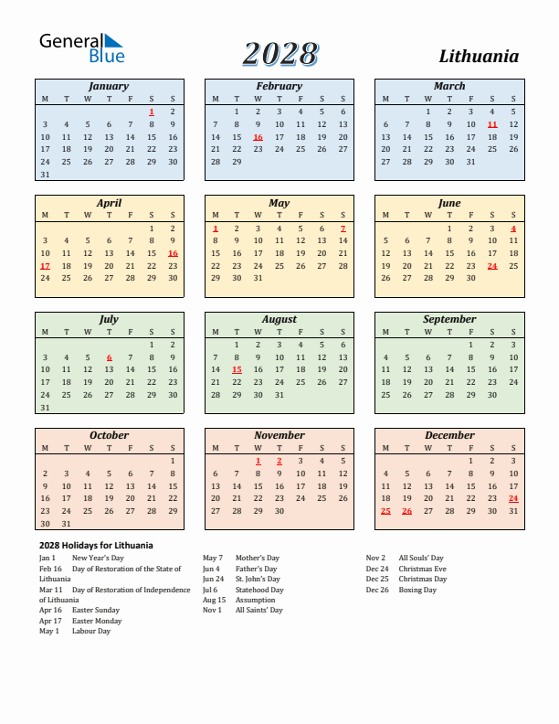 Lithuania Calendar 2028 with Monday Start