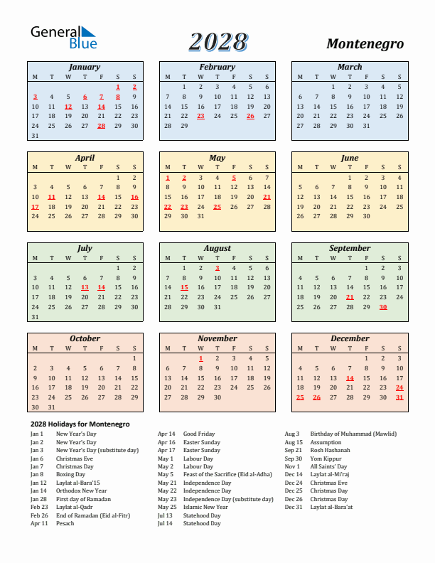 Montenegro Calendar 2028 with Monday Start