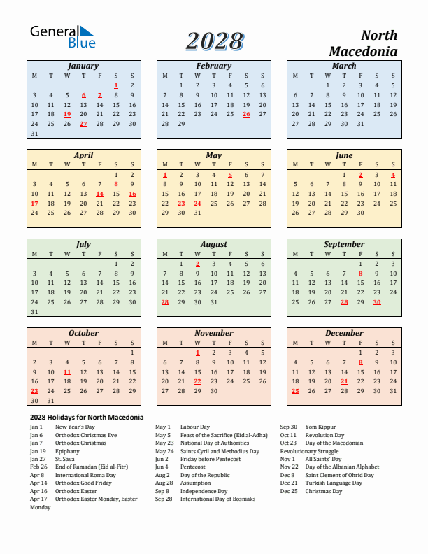North Macedonia Calendar 2028 with Monday Start
