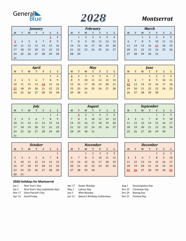 Montserrat Calendar 2028 with Monday Start