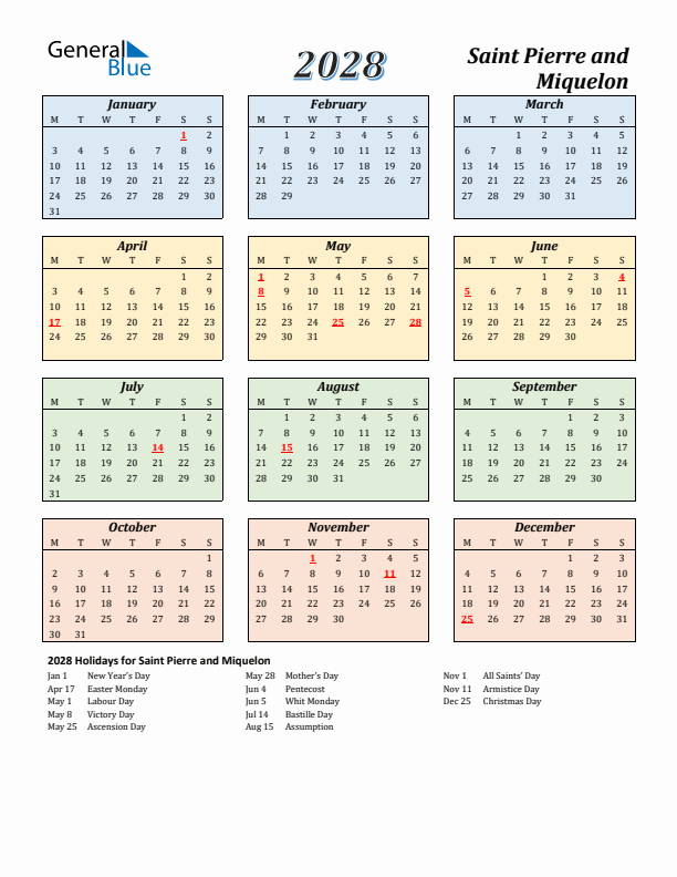 Saint Pierre and Miquelon Calendar 2028 with Monday Start