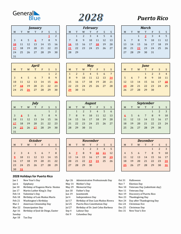 Puerto Rico Calendar 2028 with Monday Start