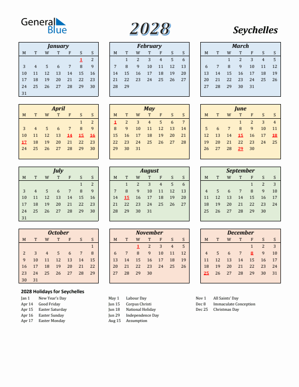 Seychelles Calendar 2028 with Monday Start