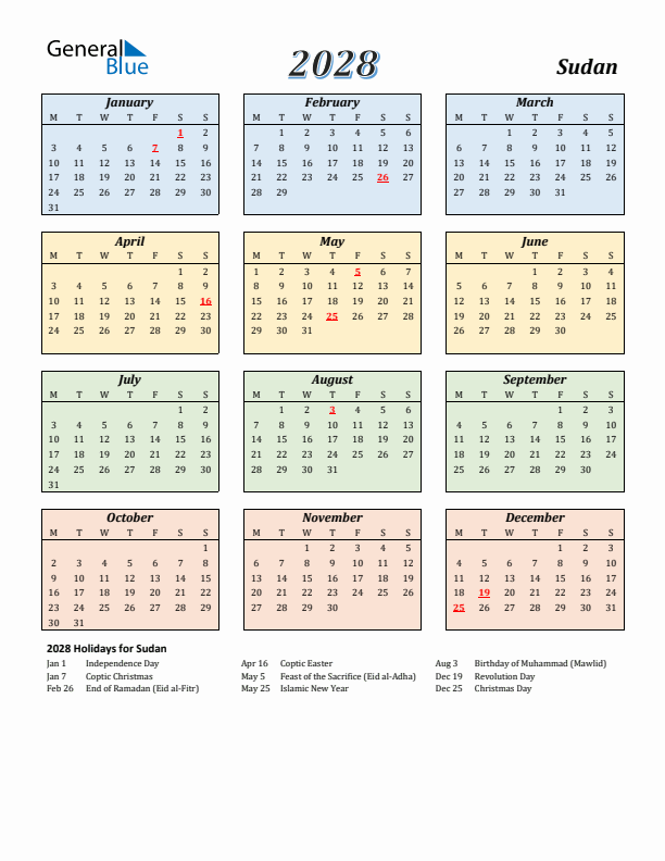 Sudan Calendar 2028 with Monday Start