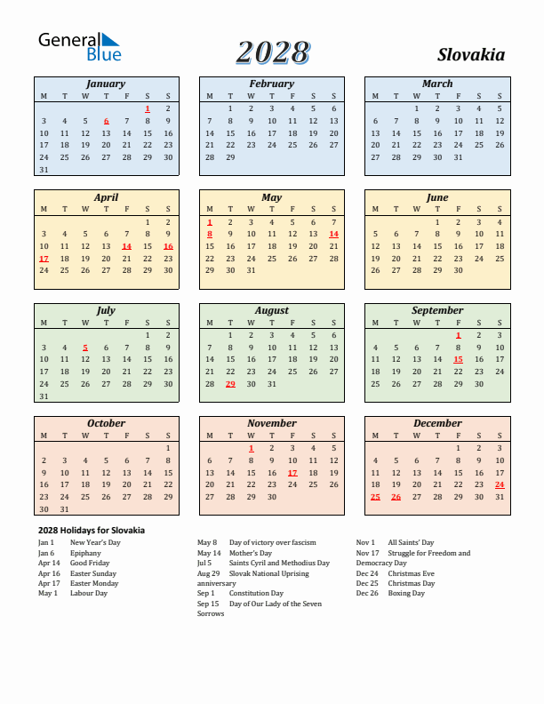 Slovakia Calendar 2028 with Monday Start
