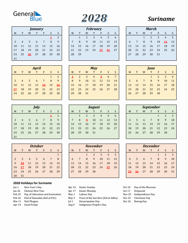Suriname Calendar 2028 with Monday Start