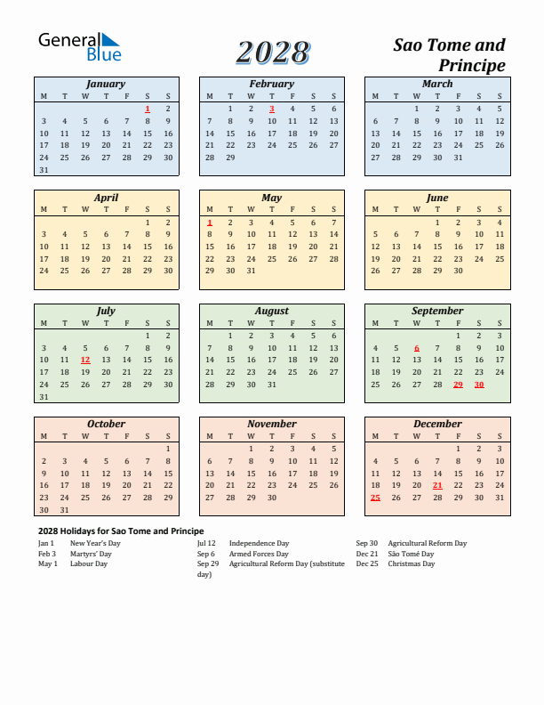 Sao Tome and Principe Calendar 2028 with Monday Start