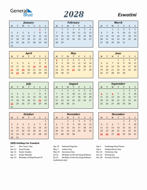 Eswatini Calendar 2028 with Monday Start