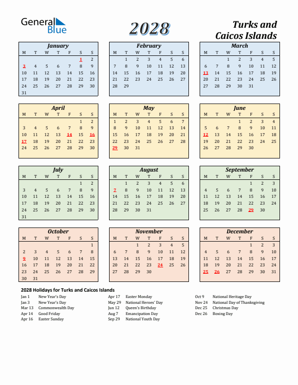 Turks and Caicos Islands Calendar 2028 with Monday Start