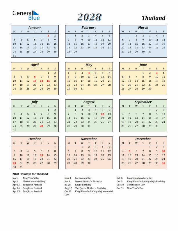 Thailand Calendar 2028 with Monday Start