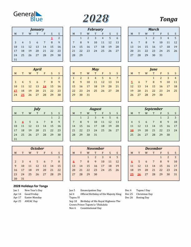 Tonga Calendar 2028 with Monday Start