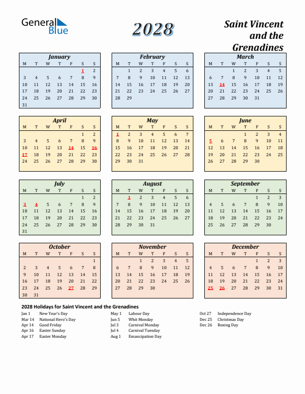 Saint Vincent and the Grenadines Calendar 2028 with Monday Start