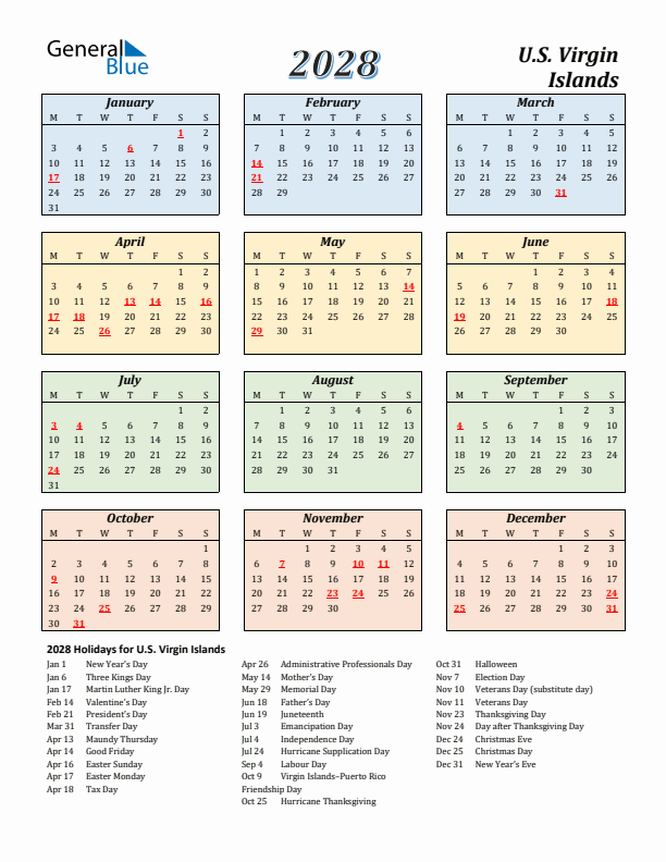 U.S. Virgin Islands Calendar 2028 with Monday Start