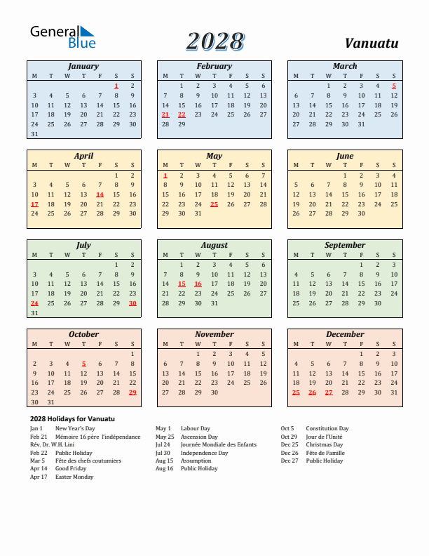 Vanuatu Calendar 2028 with Monday Start