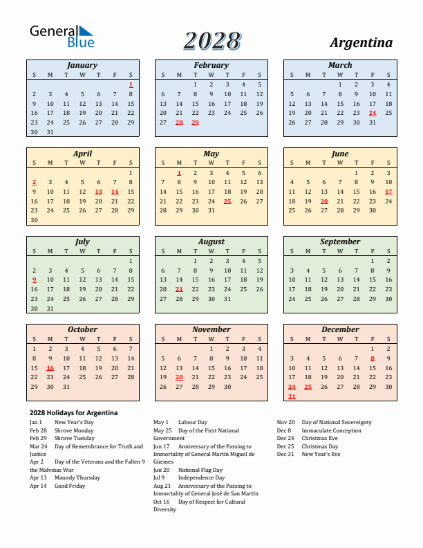 Argentina Calendar 2028 with Sunday Start
