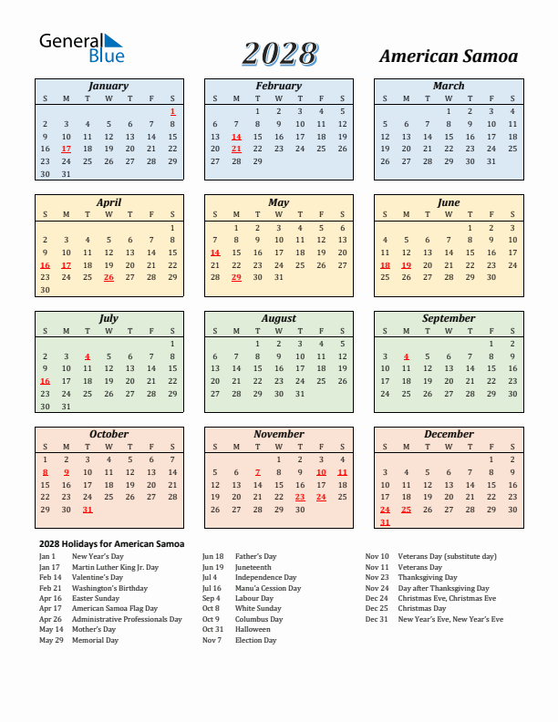 American Samoa Calendar 2028 with Sunday Start