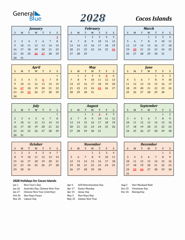 Cocos Islands Calendar 2028 with Sunday Start