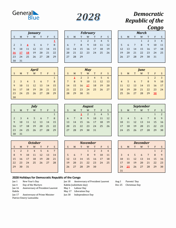 Democratic Republic of the Congo Calendar 2028 with Sunday Start