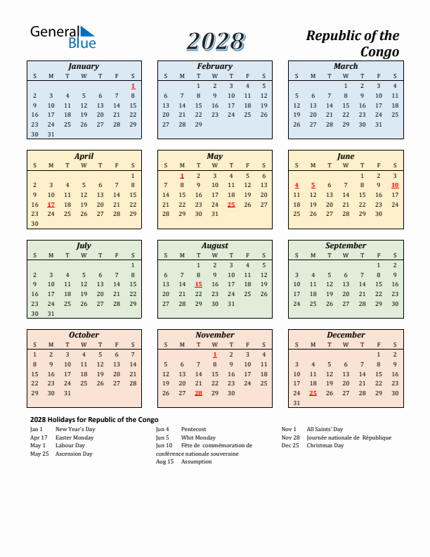 Republic of the Congo Calendar 2028 with Sunday Start