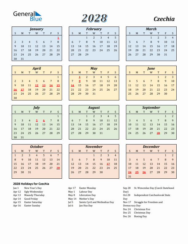 Czechia Calendar 2028 with Sunday Start