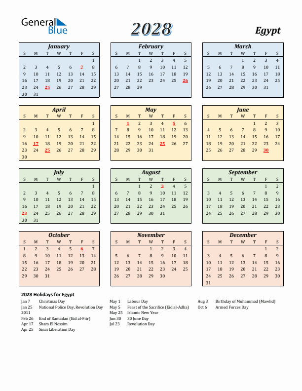 Egypt Calendar 2028 with Sunday Start