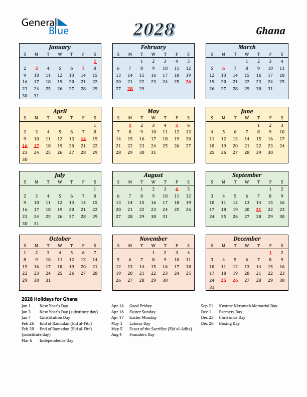 Ghana Calendar 2028 with Sunday Start