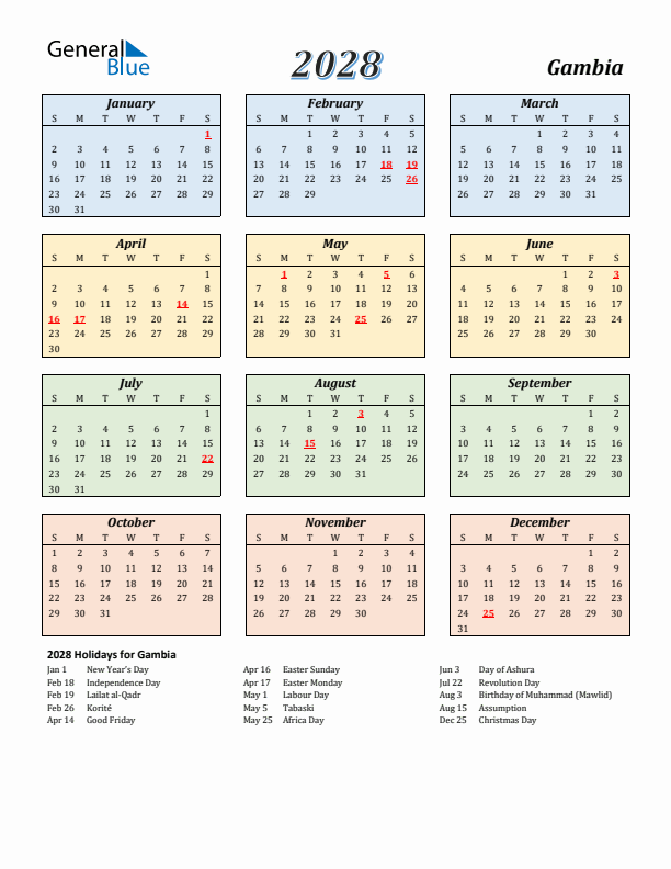 Gambia Calendar 2028 with Sunday Start