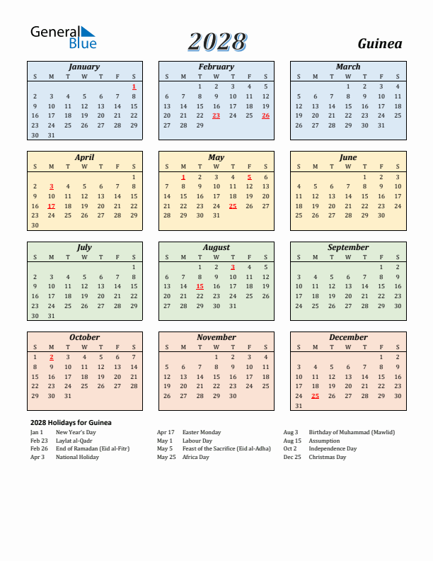 Guinea Calendar 2028 with Sunday Start