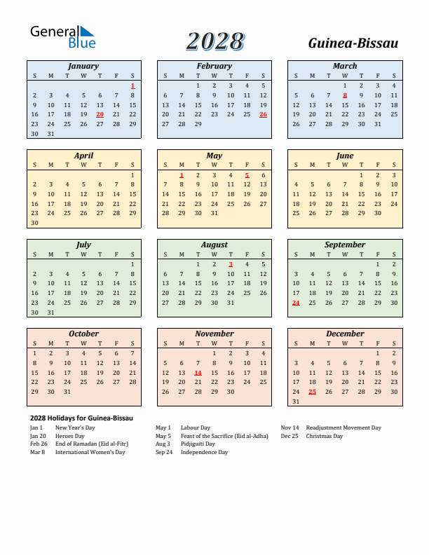 Guinea-Bissau Calendar 2028 with Sunday Start