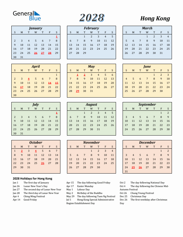 Hong Kong Calendar 2028 with Sunday Start