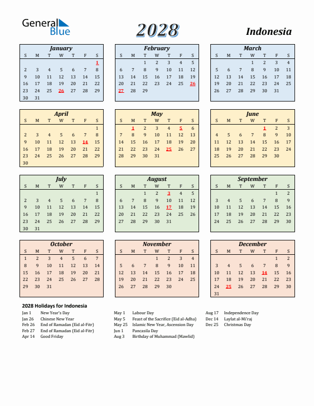 Indonesia Calendar 2028 with Sunday Start