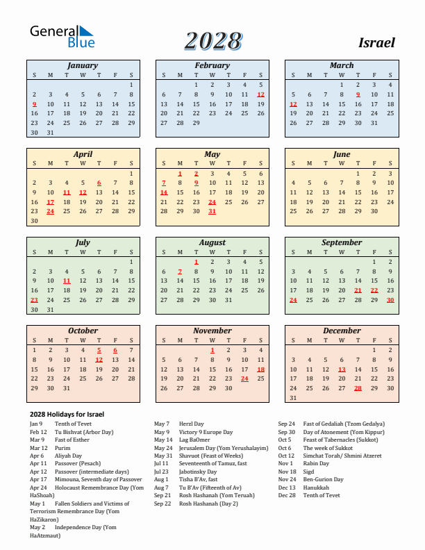 Israel Calendar 2028 with Sunday Start