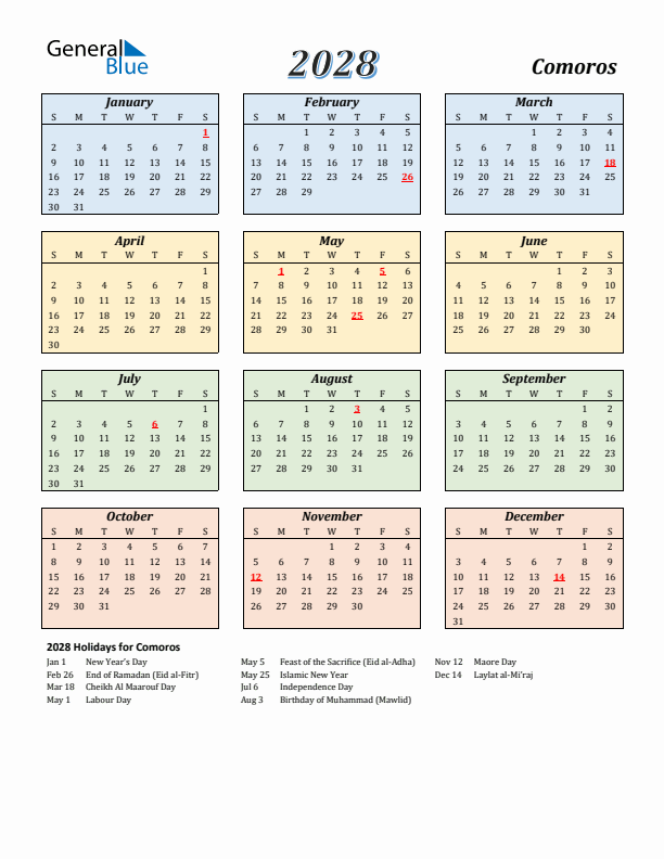 Comoros Calendar 2028 with Sunday Start