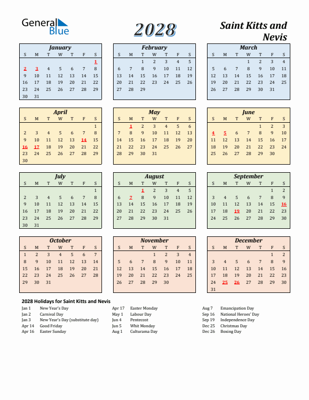 Saint Kitts and Nevis Calendar 2028 with Sunday Start