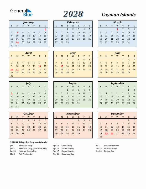 Cayman Islands Calendar 2028 with Sunday Start
