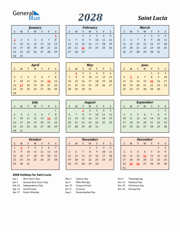 Saint Lucia Calendar 2028 with Sunday Start