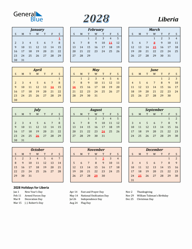 Liberia Calendar 2028 with Sunday Start