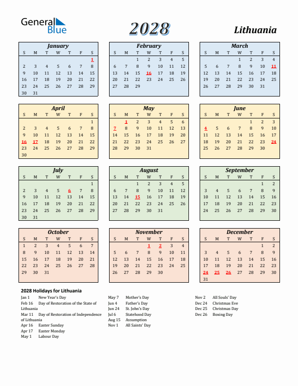 Lithuania Calendar 2028 with Sunday Start