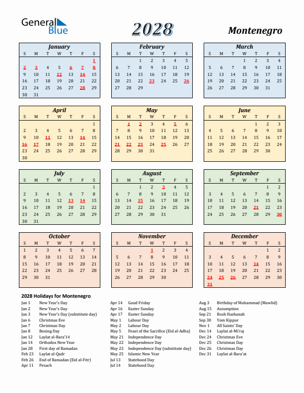 Montenegro Calendar 2028 with Sunday Start